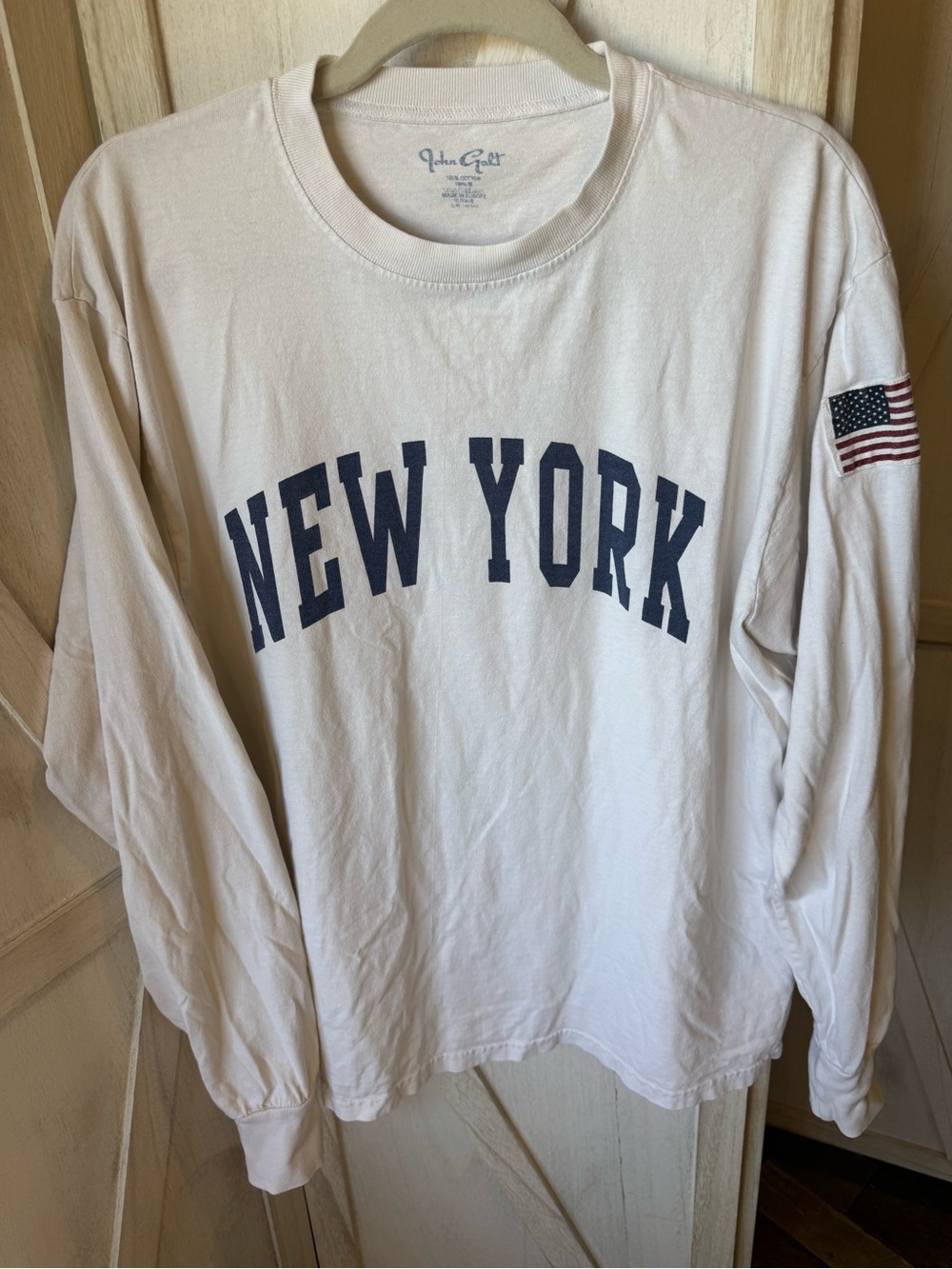 John Galt White Crewneck Tee with Navy New York graphic American flag